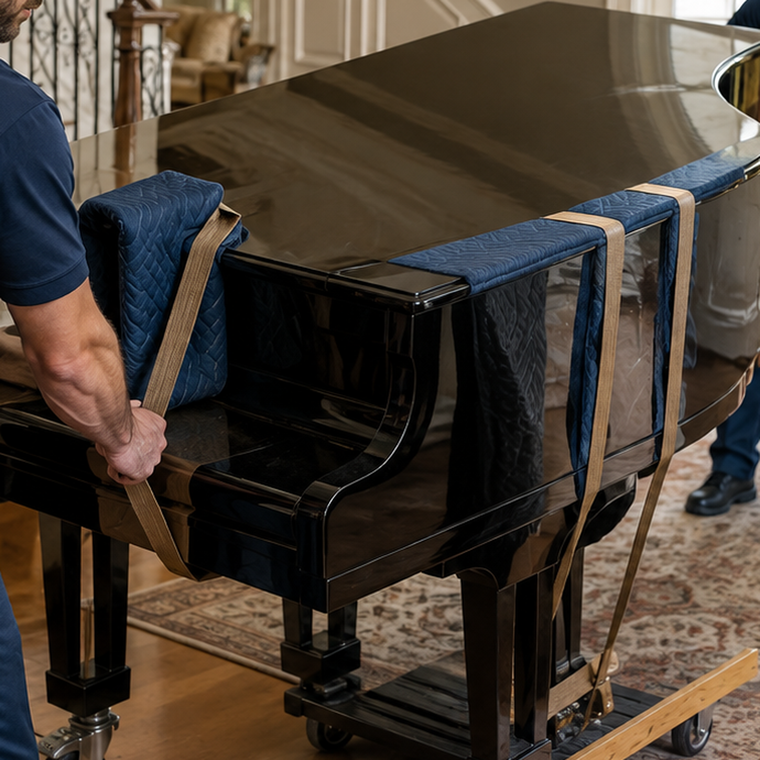 Mile Stone Moving & Storage team carefully moving a grand piano